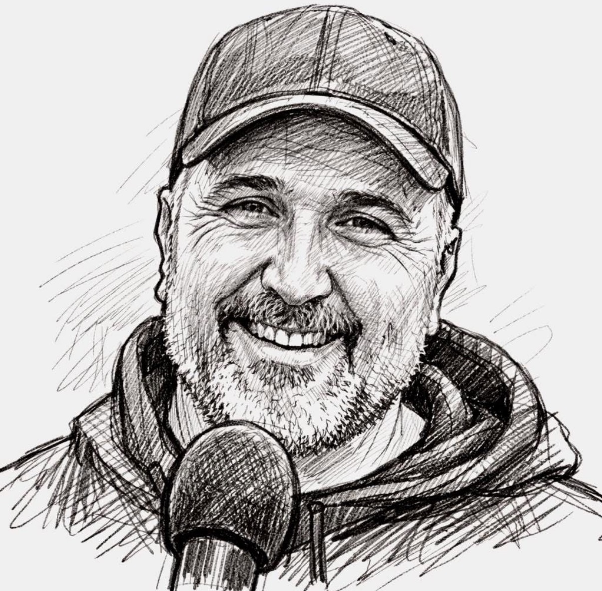 Portrait dessiné d'Eric Boyer, casquette et micro à la main
